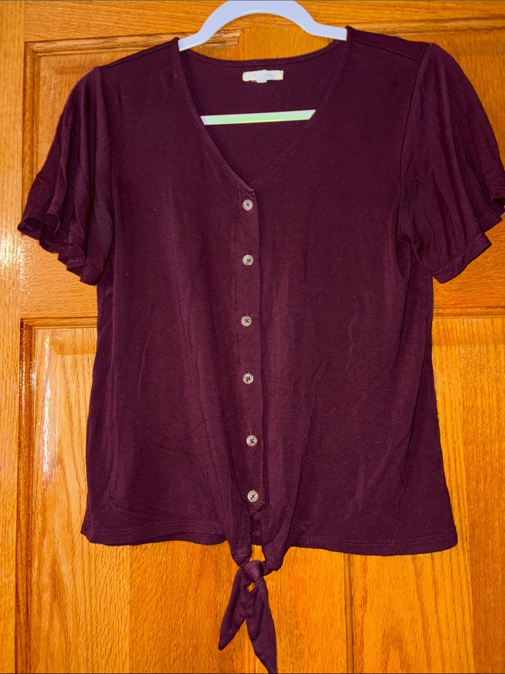 Maurices Button-Front Tie Hem Top in Plum